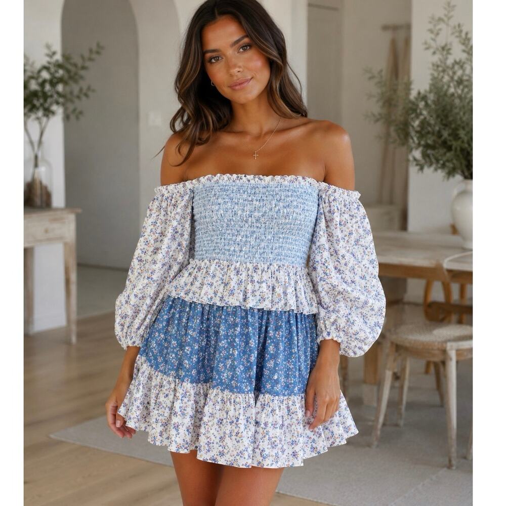 LoveShackFancy NWOT Shaw Large Blue Micro Mini Dress Floral Tiered Tunic